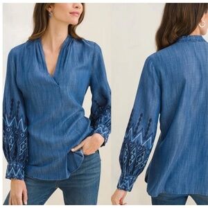 CHICOS POPOVER TOP TENCEL EMBROIDERED SLEEVES CHAMBRAY BOHO CHIC FESTIVAL 8/10